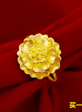 18K黄金色戒指开口可调节女款富贵花开999真金色花朵金戒指