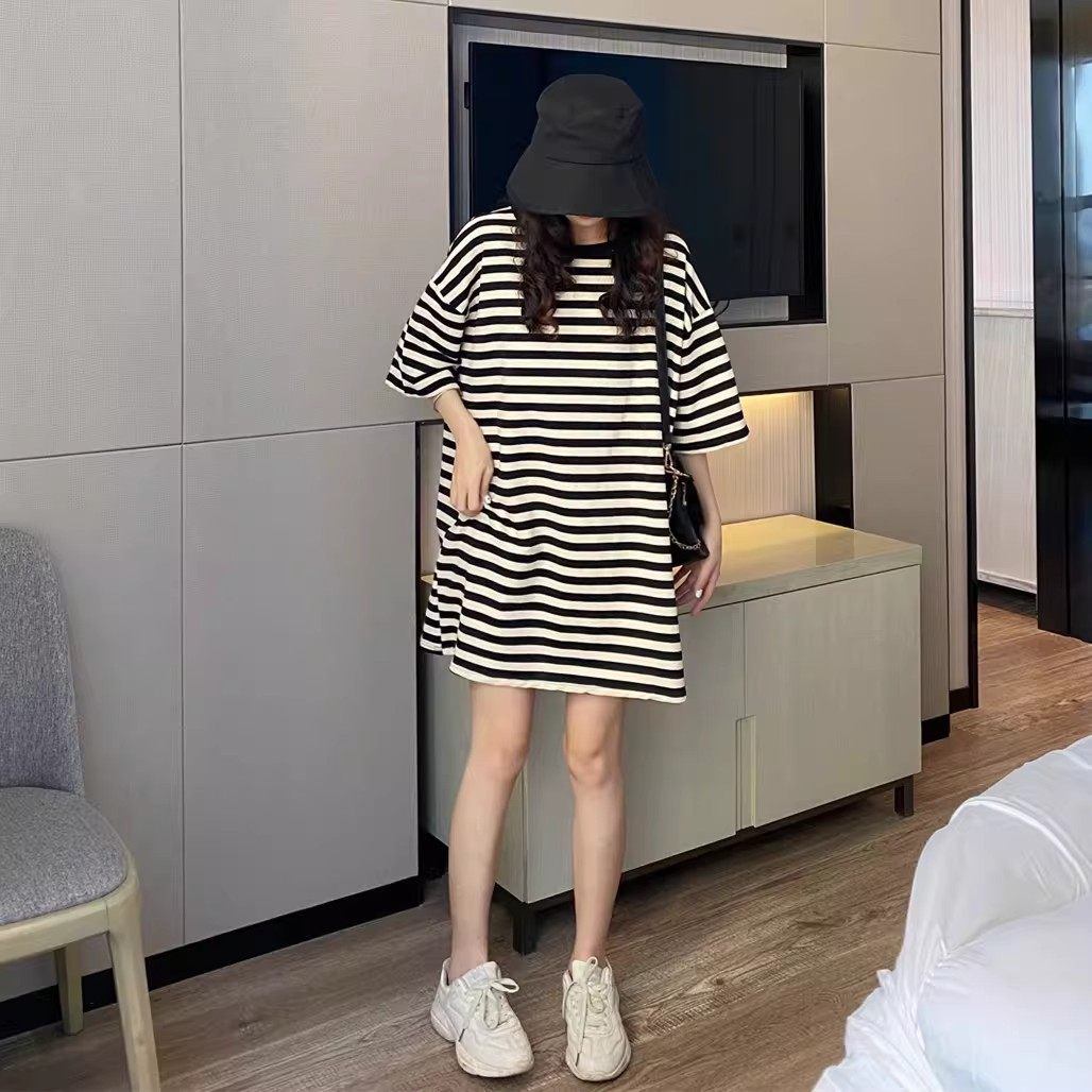 孕妇装2025夏季新款条纹t恤女短袖宽松大码中长款t恤裙半袖上衣女,淘宝优惠券,粉丝福利购,淘宝优惠卷