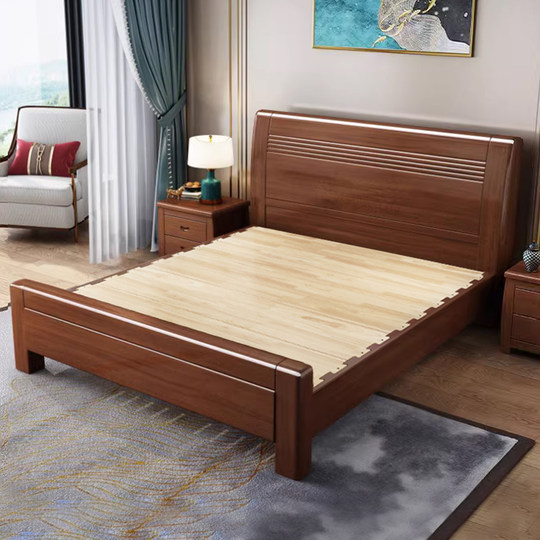 Cama doble de madera maciza china moderna de nogal Simple