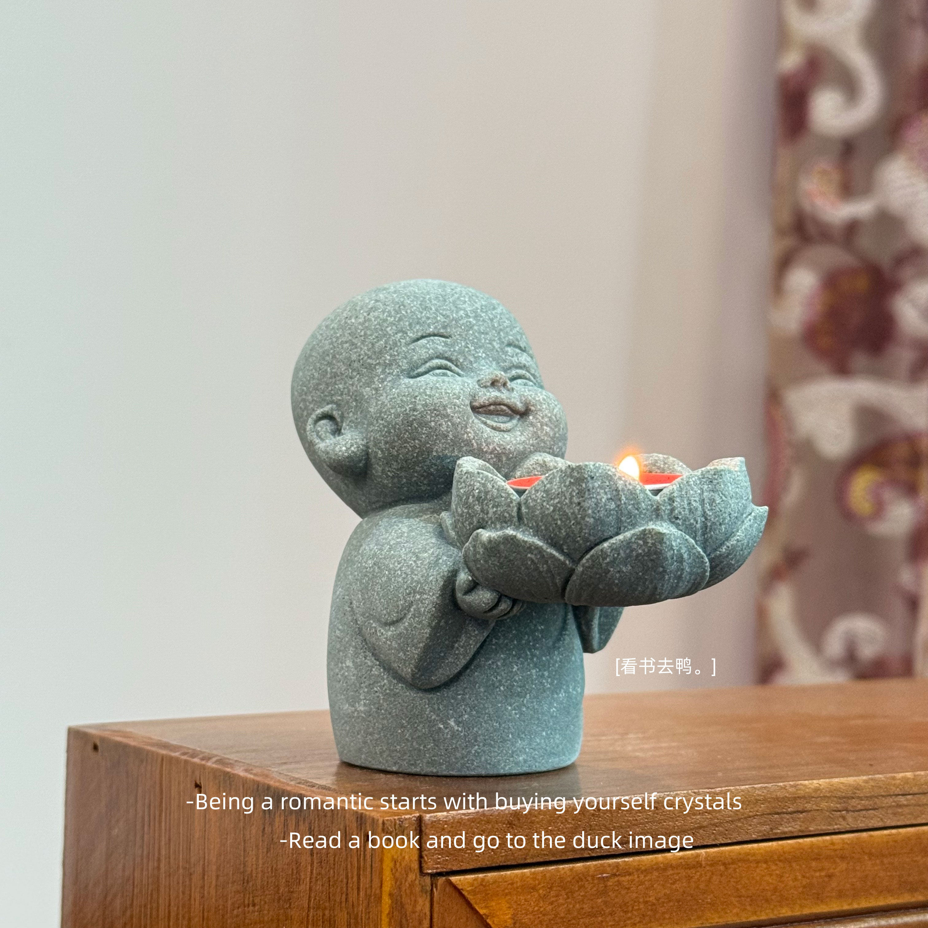 「沙弥捧露 莲盏承光」小和尚烛台中式禅意鱼缸造景桌面装饰礼物,淘宝优惠券,粉丝福利购,淘宝优惠卷