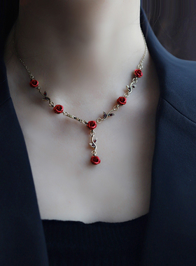 极速复古红色玫瑰花项链女宫廷风花朵手链锁骨链法式轻Z奢小众颈