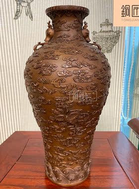 紫铜鹤寿延年瓶摆件铜赏瓶客厅书桌摆设家居装饰办公室精工錾刻