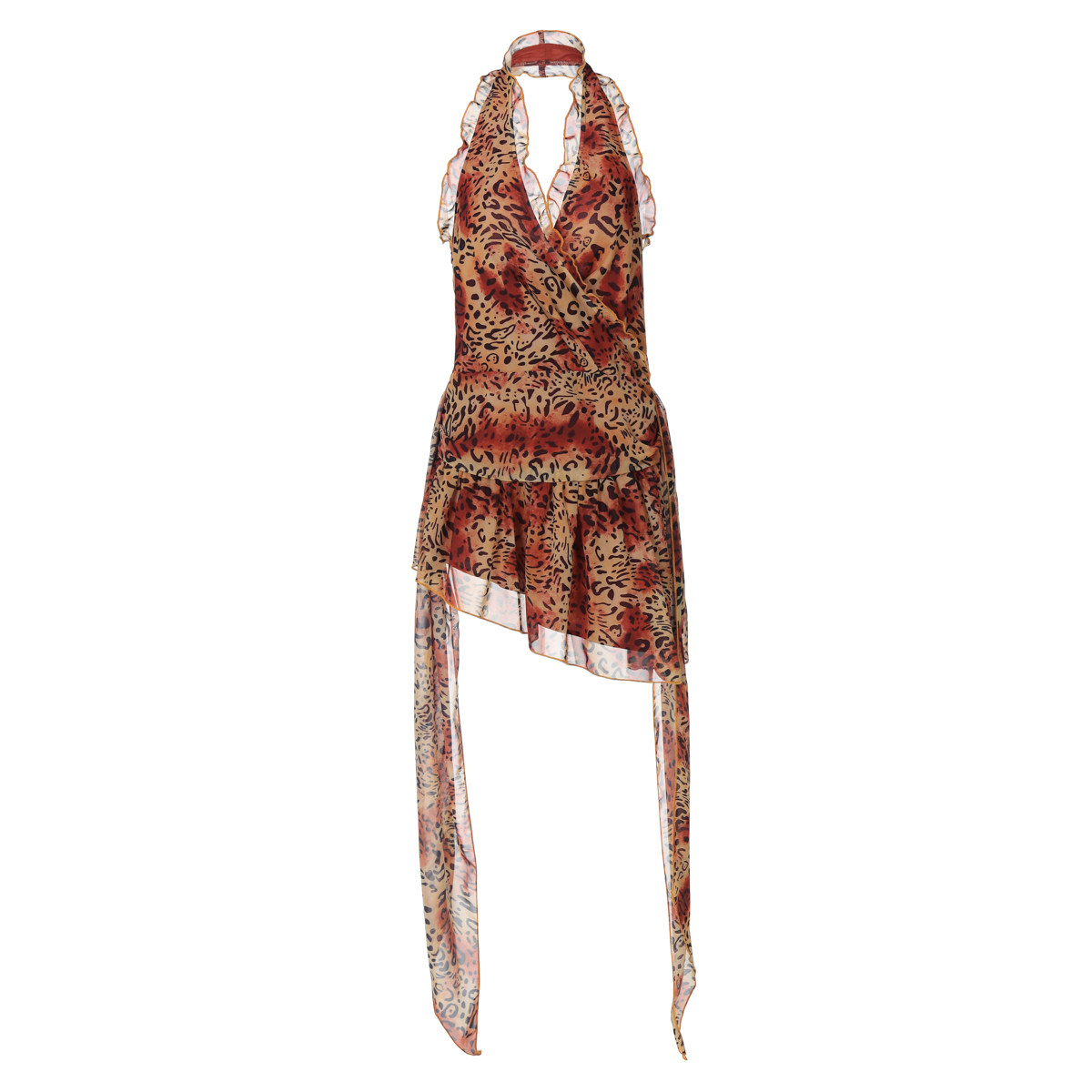 shemoda豹纹烈焰印花网纱拼接V领挂脖连衣裙女拉链修身飘带雪纺裙,淘宝优惠券,粉丝福利购,淘宝优惠卷