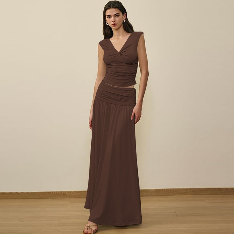 shemoda交叉扭结V领吊带背心上衣褶皱高腰修身半身裙长裙两件套装,淘宝优惠券,粉丝福利购,淘宝优惠卷