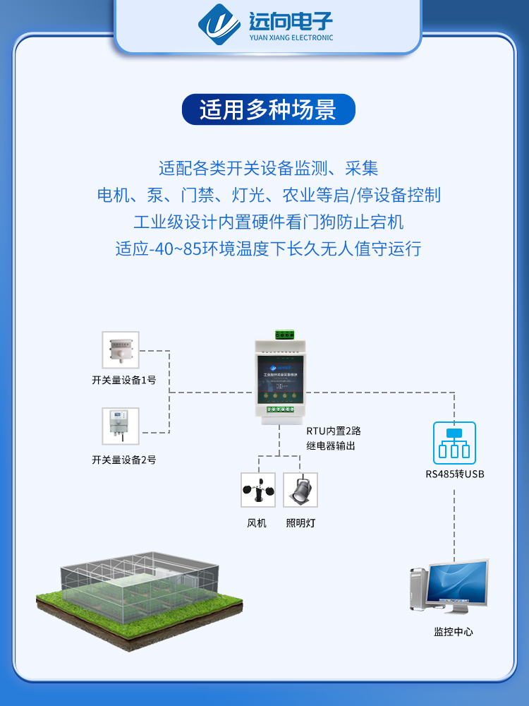 远向2路开关量输入采集模块继电器输出转RS485远程网络IO延时控制