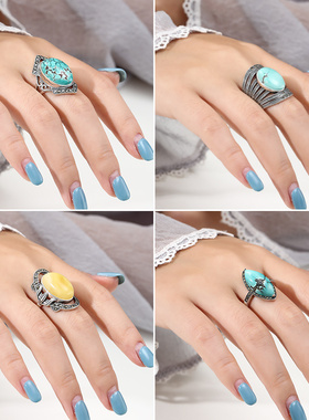 复古霸气纯银戒指空托8*16翡翠