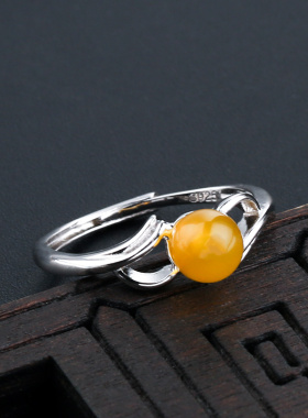 925银蜜蜡珠子戒指托韩版dy