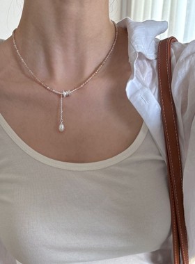 香槟天然石珍珠吊坠蝴蝶结项链