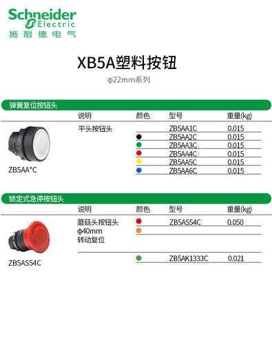 施耐德XB5按钮头平头带灯选择钥匙急停ZB5AS54C绿红白黄ZB5AD2C - 图2