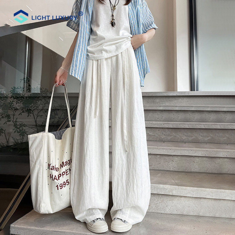 蓝色天丝亚麻裤女夏季薄款简约防晒透气弯刀裤百搭山本阔腿裤子