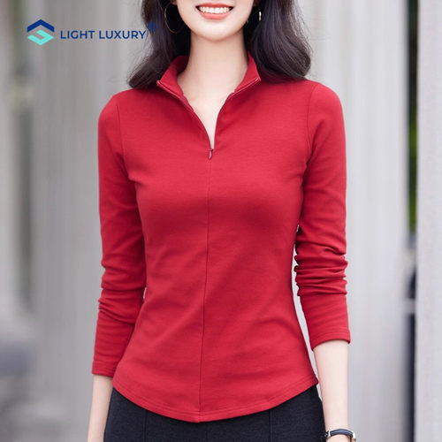 德绒拉链打底衫女加绒加厚保暖内搭修身别致蓝色小高领长袖上衣 - 图2