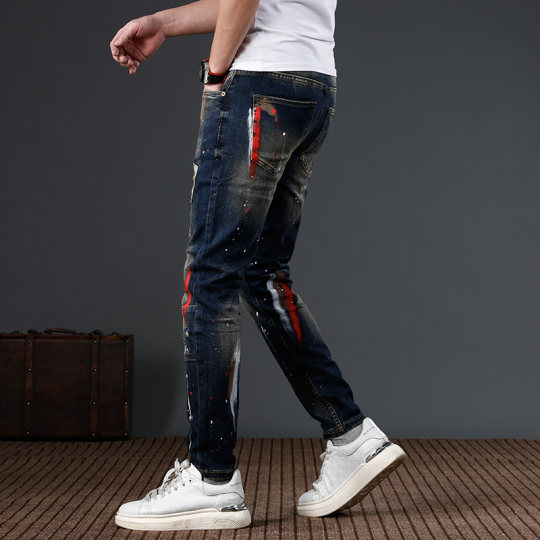 2025 new fashion niche design sense jeans men's ripped ink paint trendy brand slim feet pants men
