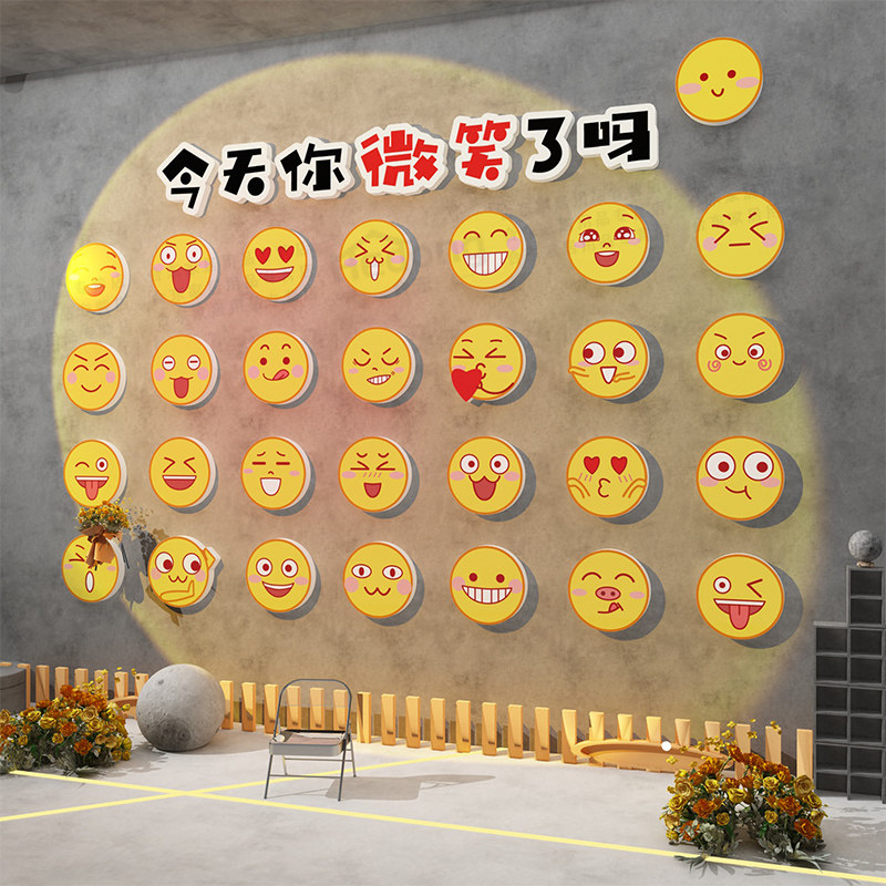 网红打卡拍照区布置你微笑了吗互动心情氛围背景墙店装饰贴画造脸