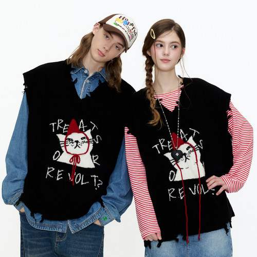 云旗同款GUUKA潮牌小红帽猫咪情侣毛衣背心男 绵羊毛针织马甲坎肩 - 图0