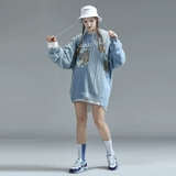 Синяя длинная толстовка для влюбленных в стиле хип-хоп, осенняя, круглый воротник, средней длины, свободный крой