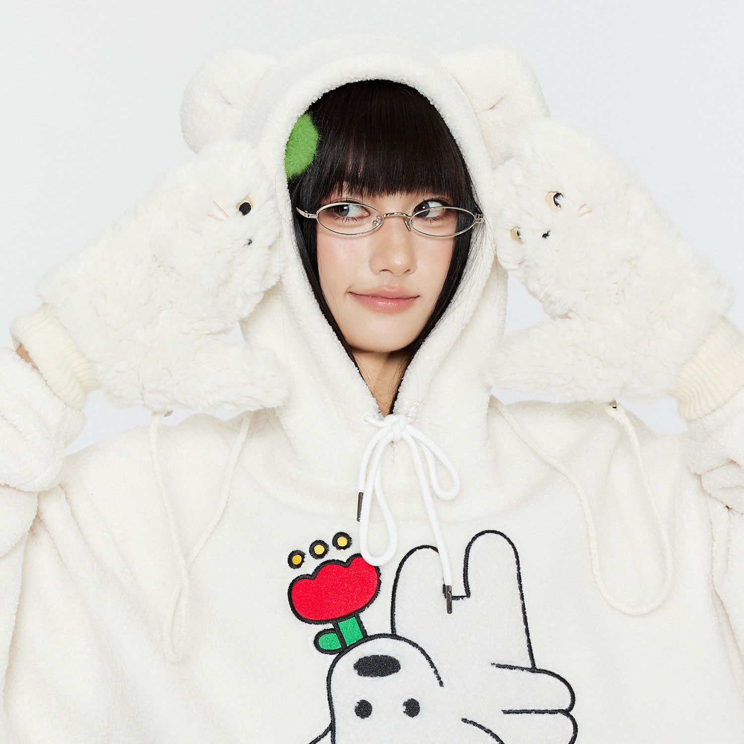 白鹿同款GUUKA猫咪翻盖半指手套男女 冬季保暖加厚毛绒茸挂脖手套,淘宝优惠券,粉丝福利购,淘宝优惠卷