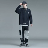 Спортивная хлопковая черная утепленный лонгслив для школьников в стиле хип-хоп, осенний, свободный крой