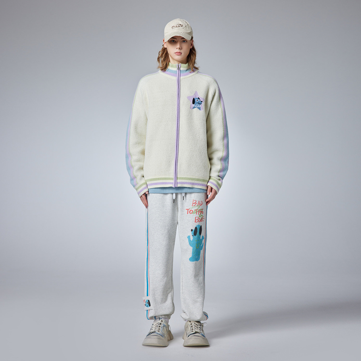 GUUKA潮牌拼色针织开衫外套男秋冬 情侣小狗立领慵懒风毛衣女宽松,淘宝优惠券,粉丝福利购,淘宝优惠卷