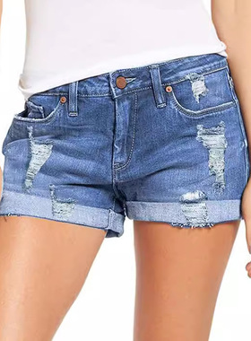 Women's stretch ripped denim shorts欧美弹力破洞牛仔短裤女