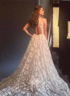 Women's lace white hollow sexy suspender long dress白色长裙