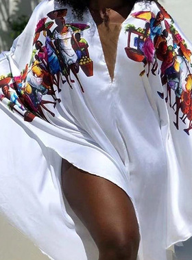 Women's African Printed White Skirt女非洲印花白色裙宽松长款