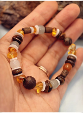 天然沉香彩色原石手工串珠手链