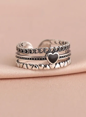 s925纯银夸张指环女潮欧美复古风做旧霸气宽版爱心百搭戒指