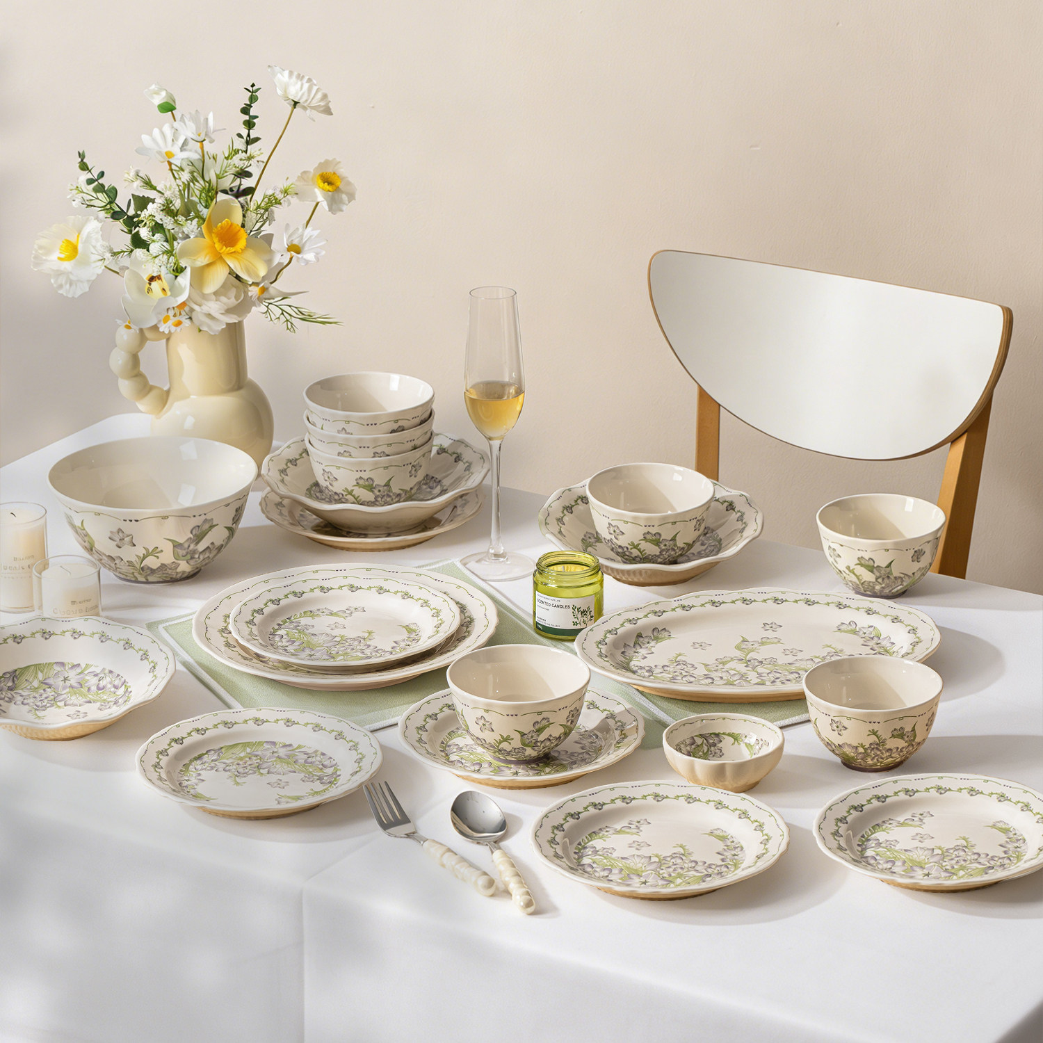 碗家用2026新款高颜值釉下彩碗盘餐具套装法式田园风陶瓷碗碟碗筷