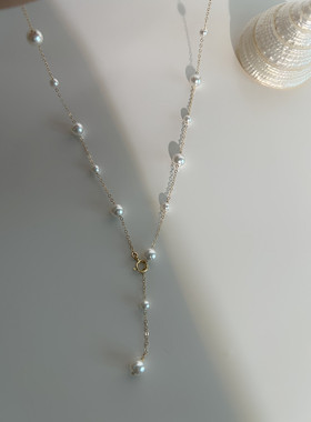 施家珍珠14k包金错落满天星项链