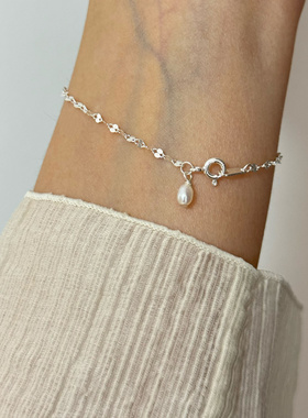 小众设计闪光片片通体s925纯银淡水珍珠简约复古手链百搭通勤手饰