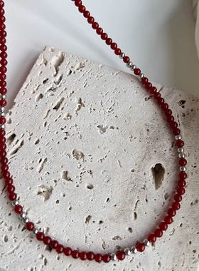 本命红玛瑙小众串珠锁骨链女纯银