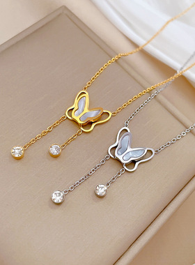 【通体钛钢】缕空蝴蝶流苏炉内真金项链女ins网红锁骨链配饰品