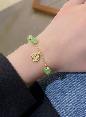 韩版复古绿色福牌手链女生简约小众高级感手镯民族风气质手饰批发