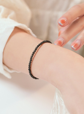 3mm极细带彩眼黑曜石珠子手串女复古风个性设计手链水晶手饰批发