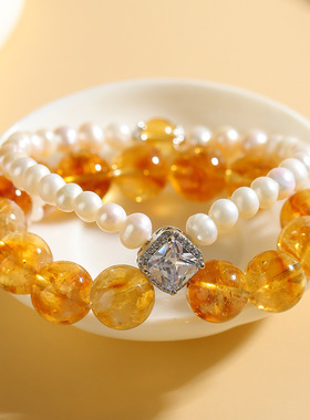 批发天然水晶黄塔晶红胶花珍珠双层手链精致时尚女士手串饰品礼物