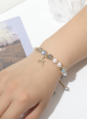 【鹿珠流年】巴度小鹿手链女小众设计月光石闺蜜女生珍珠手链