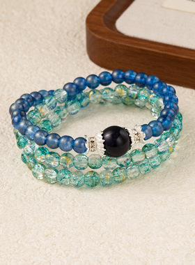 宇宙行星蓝绿色多圈串珠手链玻璃精致高颜值小众国风新中式手饰