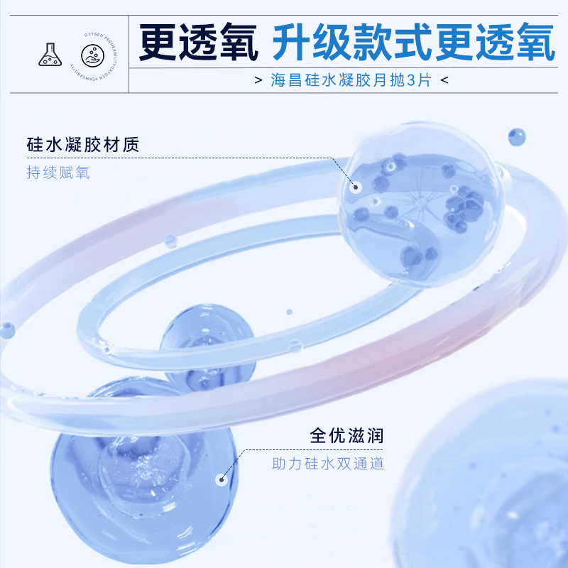 新品上市】海昌优氧硅水凝胶月抛隐形眼镜近视3片装透明官方正品