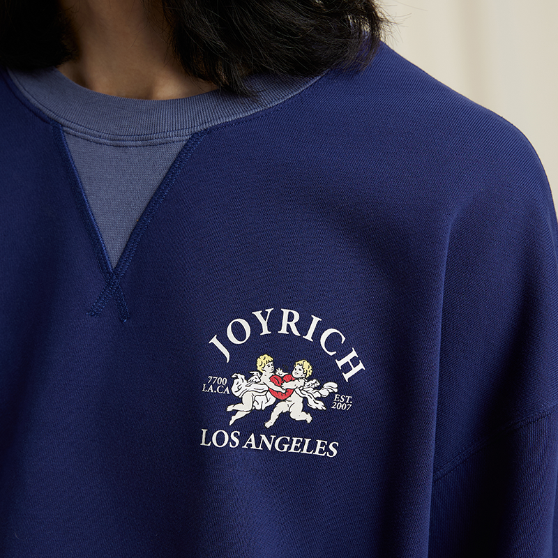 JOYRICH 2024秋冬新品男女同款美式复古翻面两穿天使印花圆领卫衣
