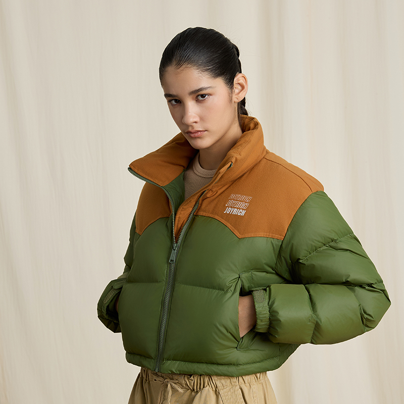 JOYRICH 2024冬季女款美式复古拼接立领短款羽绒服厚外套肯豆风
