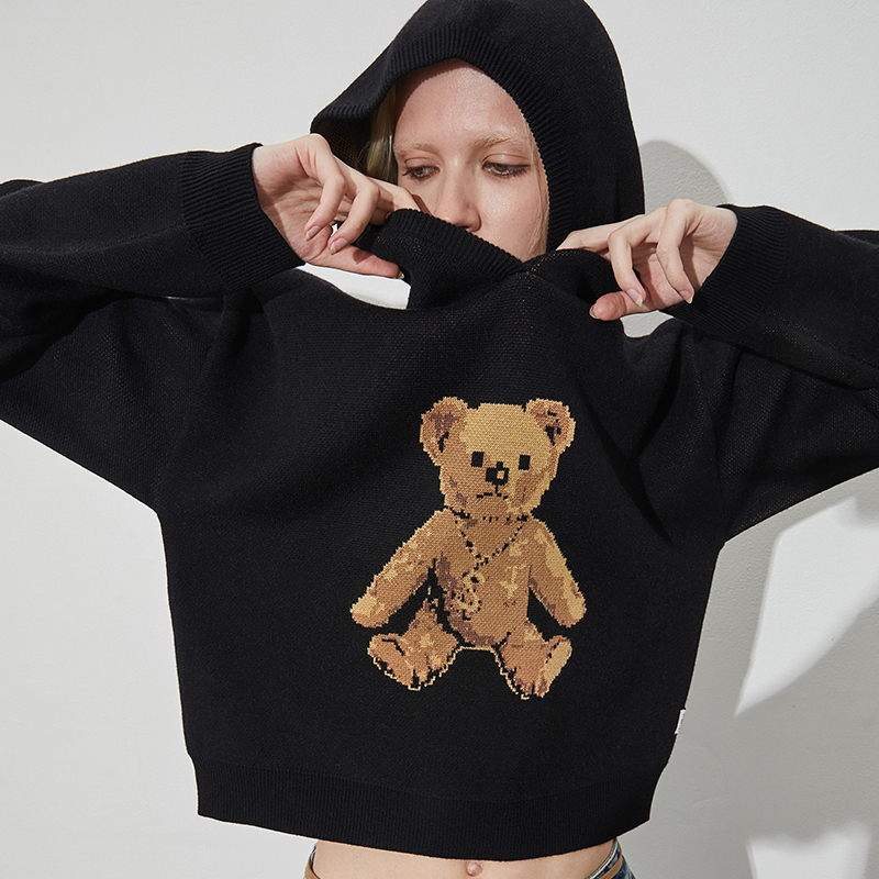 JOYRICH 女款复古富乐熊长袖连帽针织衫秋冬休闲情侣圆领卫衣上衣