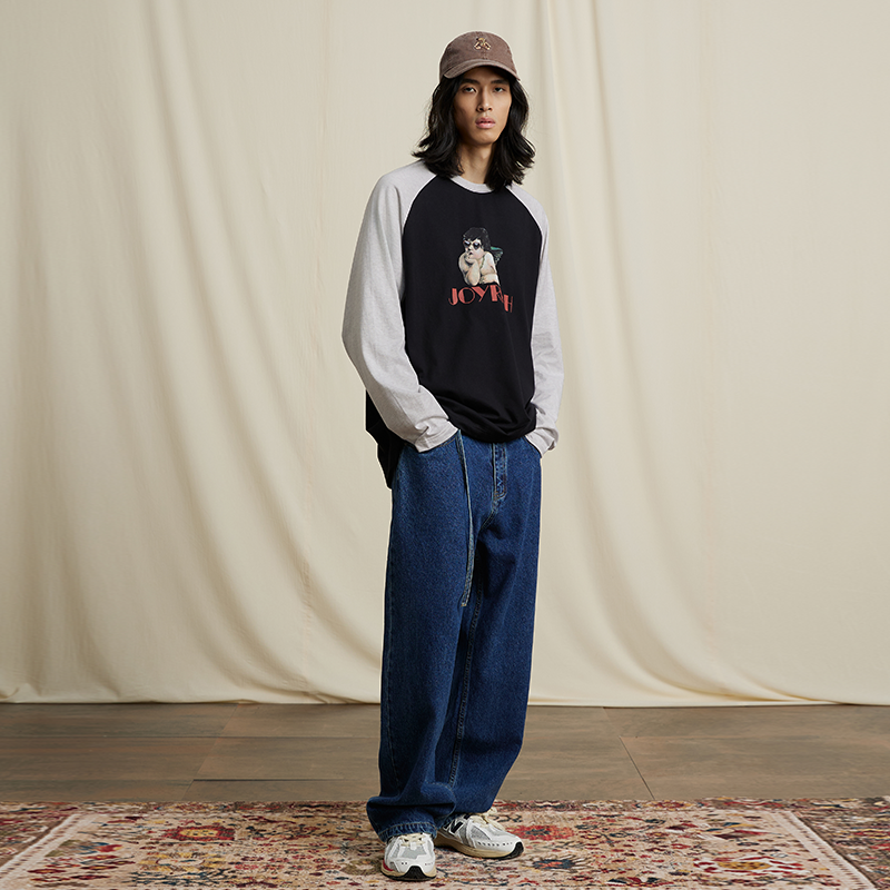 JOYRICH美式复古天使印花T恤男女同款宽松插肩圆领打底外穿长袖