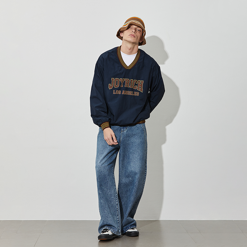 JOYRICH 秋冬男女同款美式复古宽松休闲撞色V领套头薄绒长袖卫衣