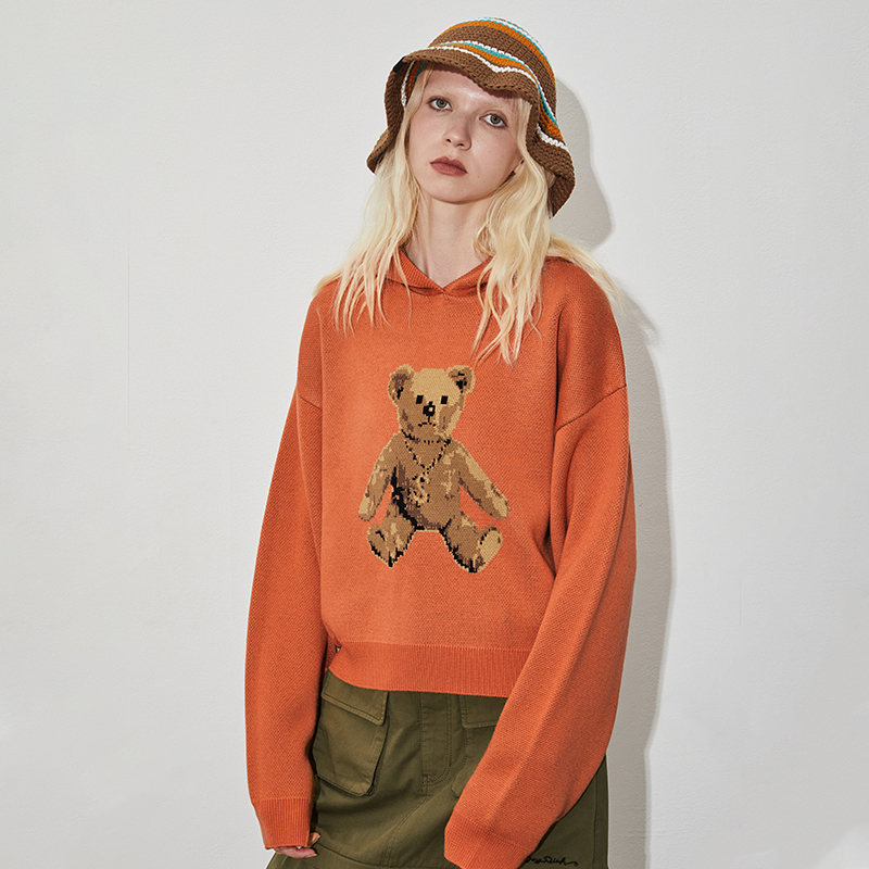 JOYRICH 女款复古富乐熊长袖连帽针织衫秋冬休闲情侣圆领卫衣上衣