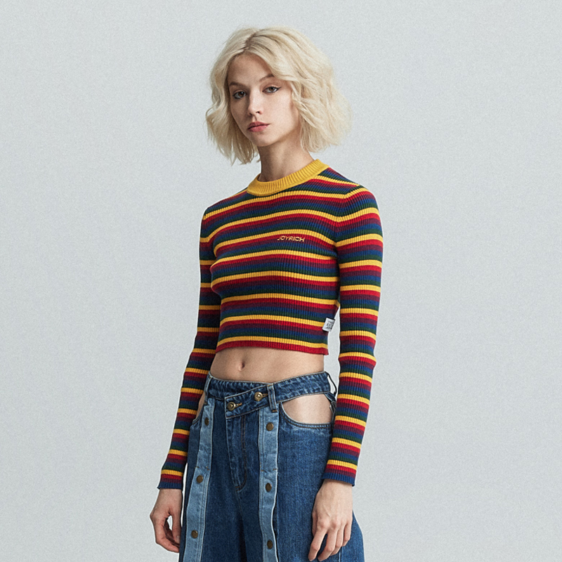 JOYRICH 2024夏季女款美式复古彩色撞色条纹紧身短款针织衫打底衫