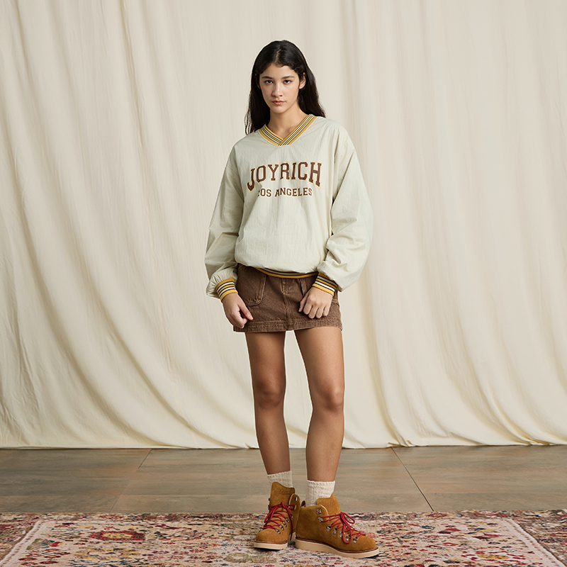 JOYRICH 秋冬男女同款美式复古宽松休闲撞色V领套头薄绒长袖卫衣
