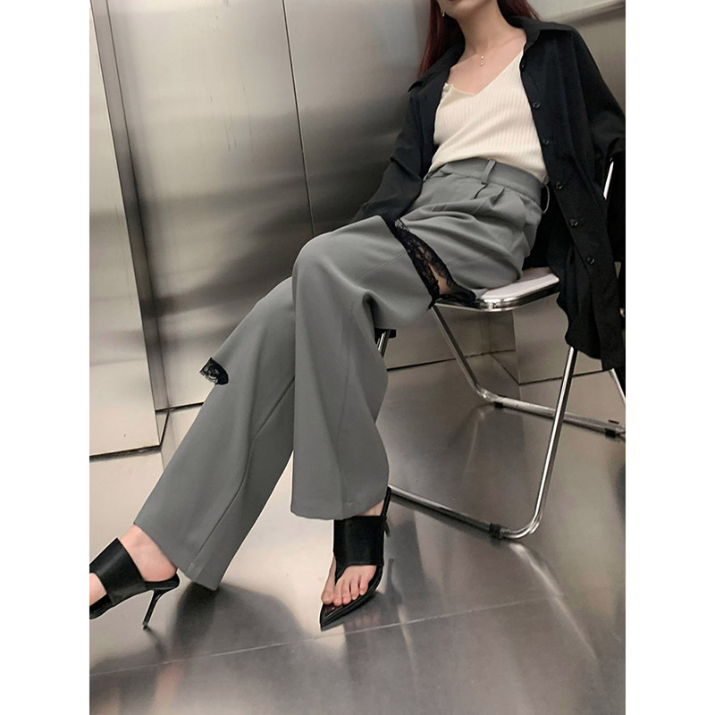 【LAMBO】3米腿长！不对称蕾丝拼接 挖空设计 黑色阔腿裤长裤西裤 - 图1