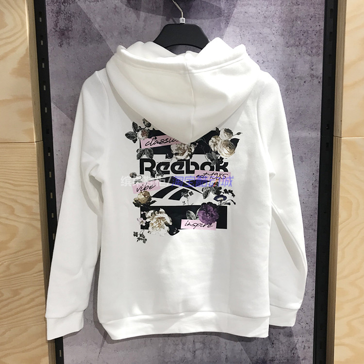 缤果鞋柜锐步Reebok黑白花卉纯棉女子连帽卫衣加绒套头衫GK1535