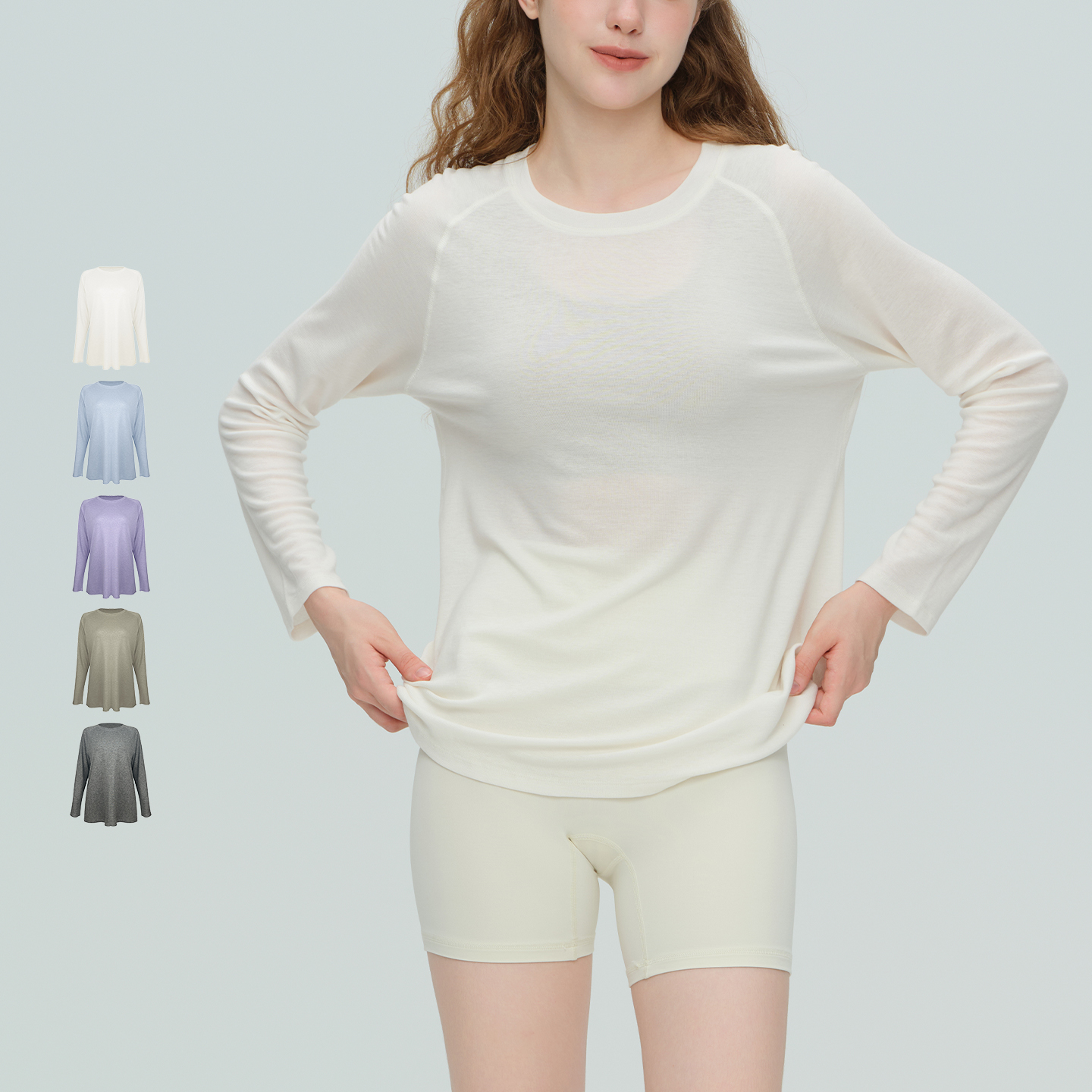 运动上衣女天丝羊毛宽松中长款瑜伽服透气跑步训练长袖T恤健身服 - 图1