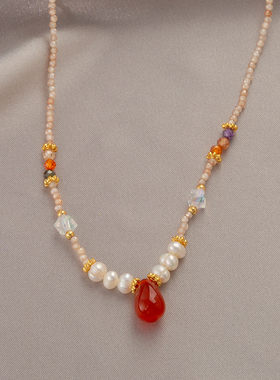 红色玛瑙水滴天然珍珠项链女2024新款爆款锁骨链轻奢高级感颈链